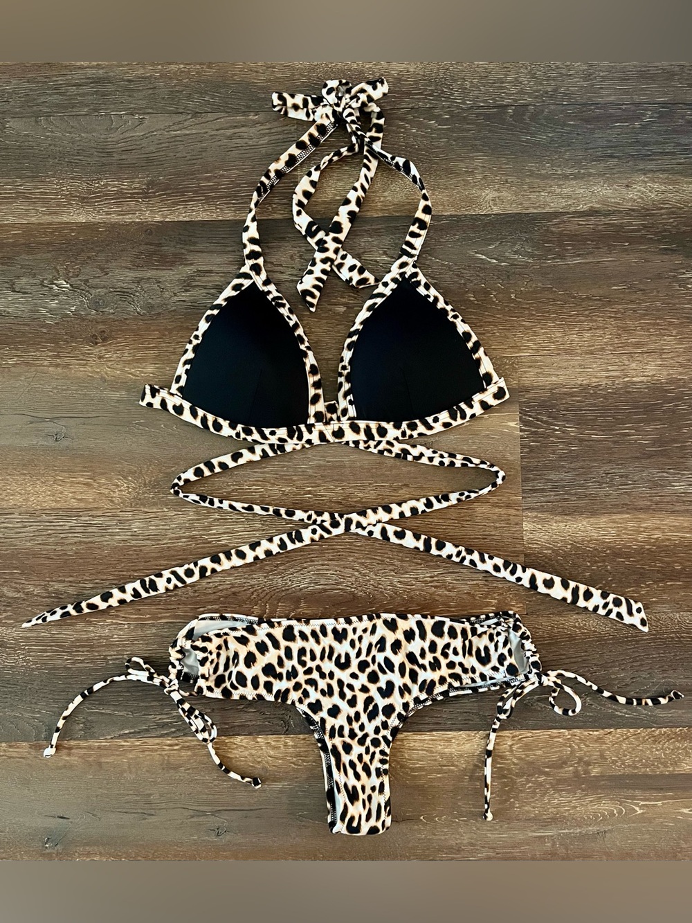 NWOT VS Pink Leopard Print Wrap Around Cheeky Bikini Set Top Medium Bottom Small